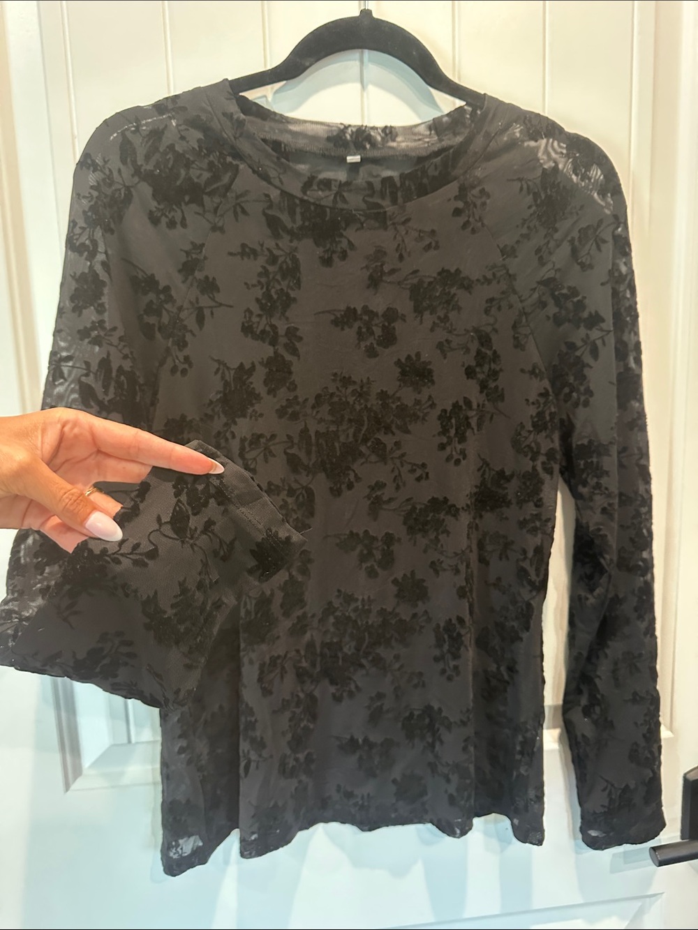 Women's Black Sheer Burnout Floral Long Sleeve Tee